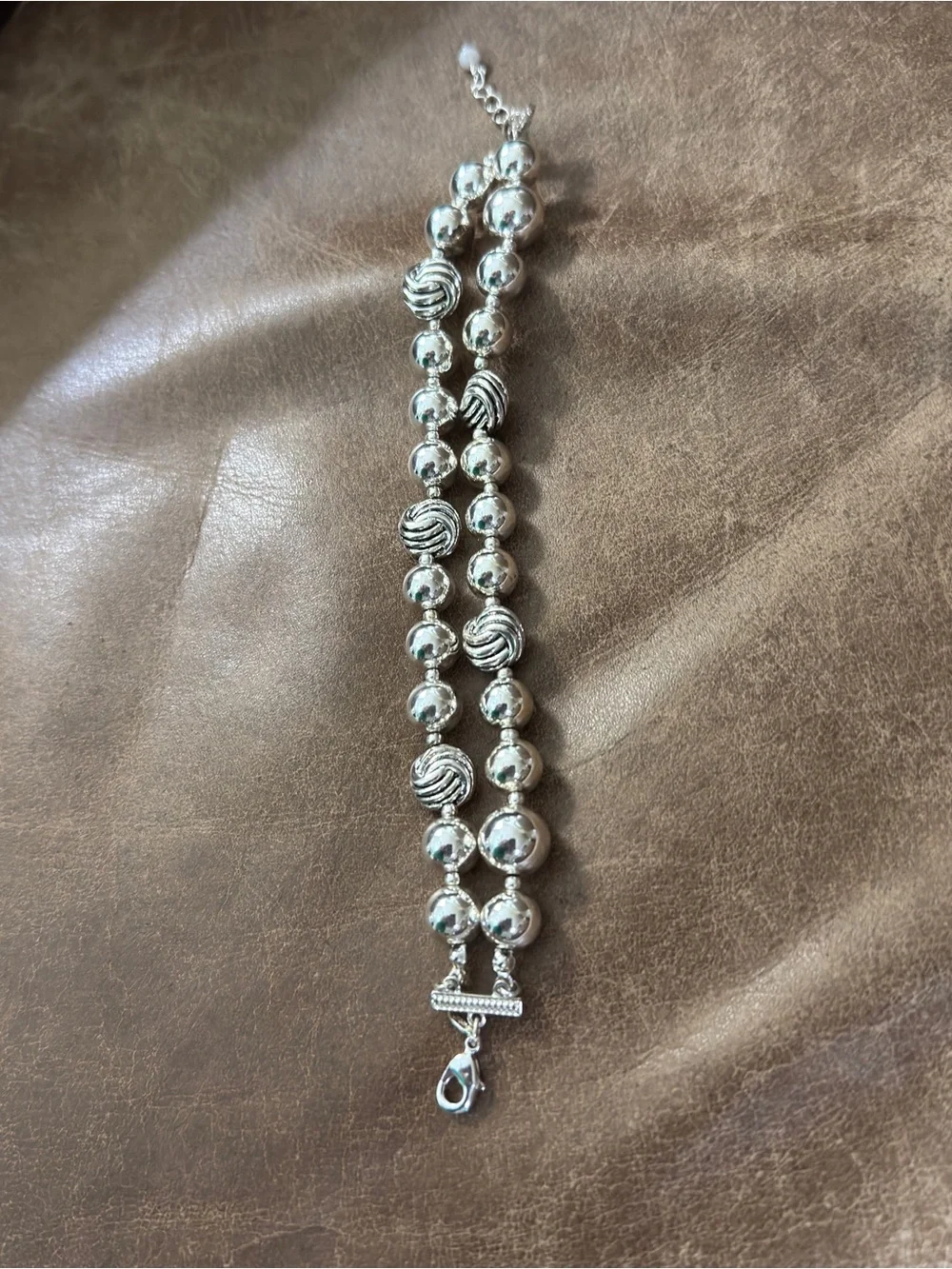 NRT Silver Tone Metal Double Strand Beaded Bracelet Swirl Accent Adjustable